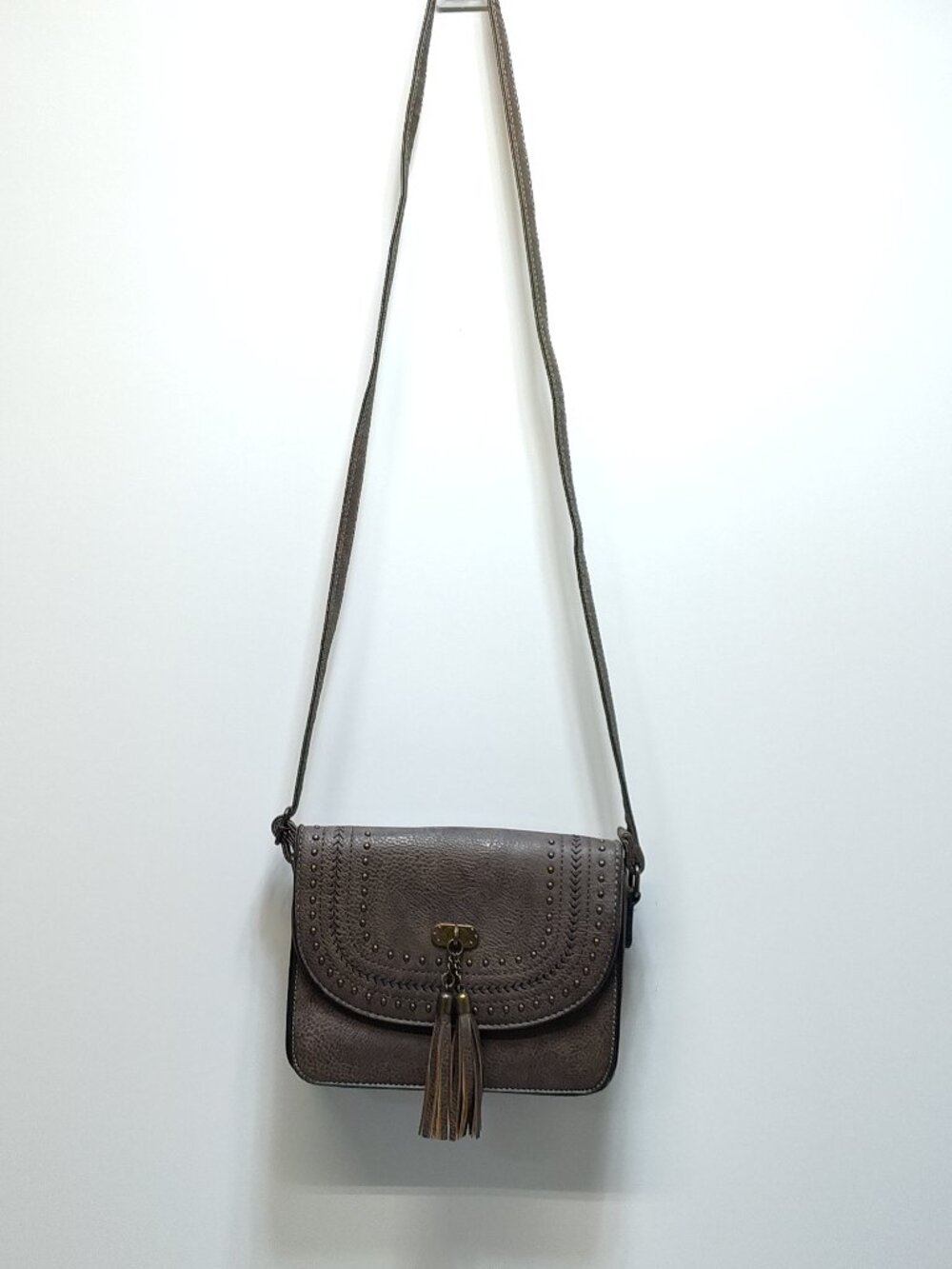 Crossbody Bag With Studded Design & Tassel Accent - Adjustable Strap Brown Faux